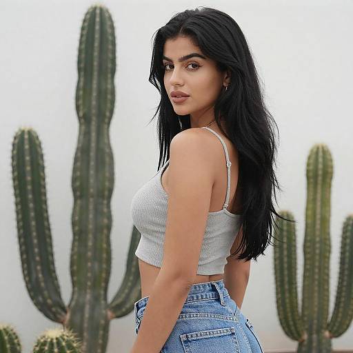 Young Woman with Cactus Background