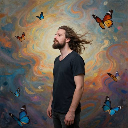 Photograph of a bearded man with long brown hair, wearing a black T-shirt, standing against a swirling, colorful, psychedelic background with blue and
