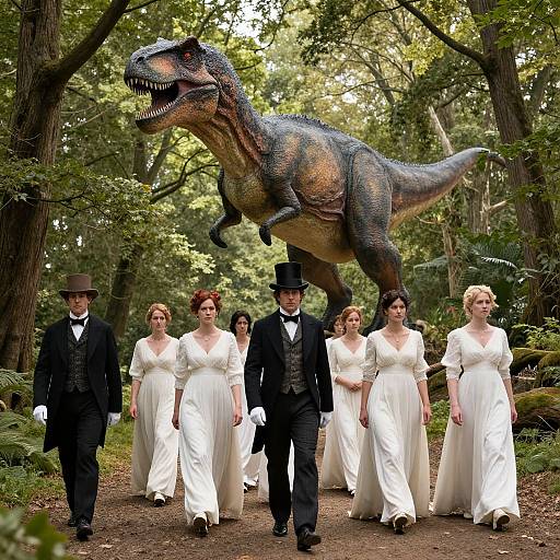 Photograph of five people in white dresses and black suits walking through a forest with a large, realistic dinosaur overhead.