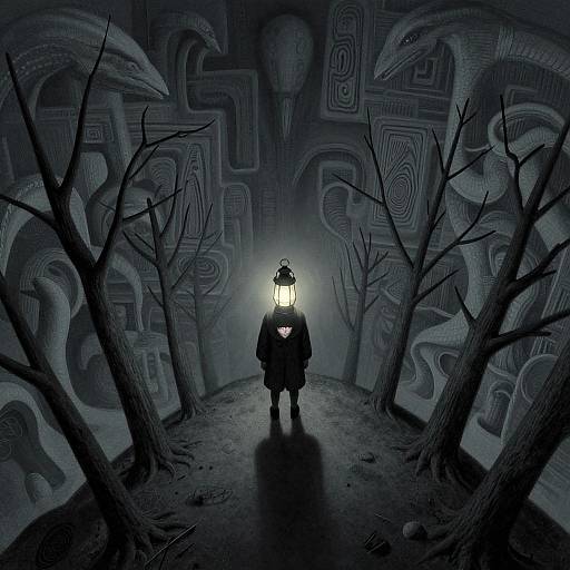 Digital art: Dark, eerie forest with glowing lantern; central figure in shadowy cloak stands amid twisted trees and swirling, snake-like patterns.