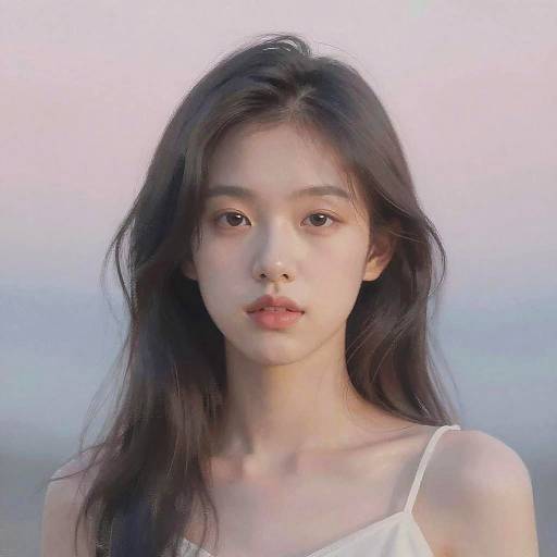 Photograph of an Asian woman with long black hair, fair skin, and soft pink lips, wearing a white spaghetti strap top, against a pastel