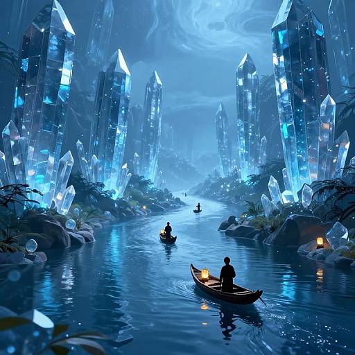 Digital art of a luminous, blue crystal cavern with glowing crystal structures, two small wooden boats, and a person rowing.