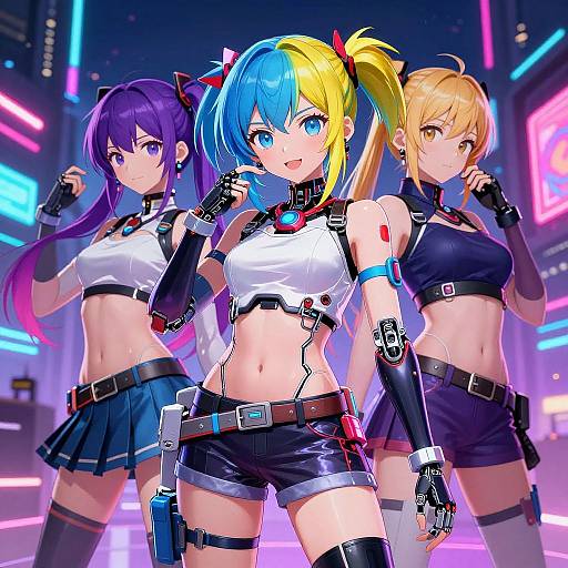 Digital anime artwork of three cyberpunk girls with colorful hair and futuristic outfits, standing confidently in a neon-lit cityscape.