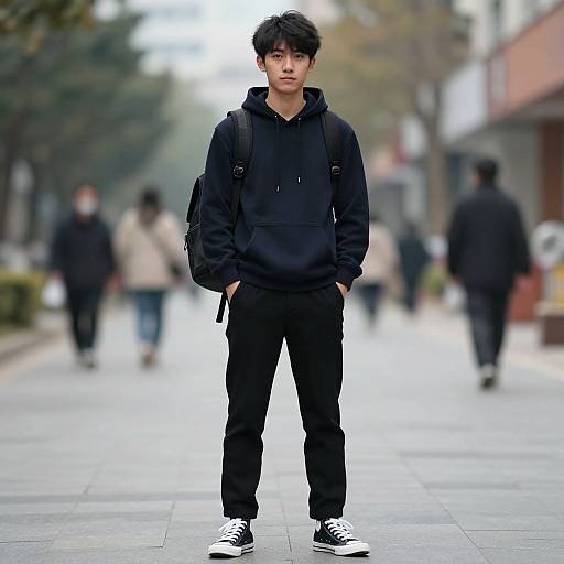 Photograph of a young Asian man with black hair, standing in a blurred urban street, wearing a black hoodie, pants, and sneakers, hands in