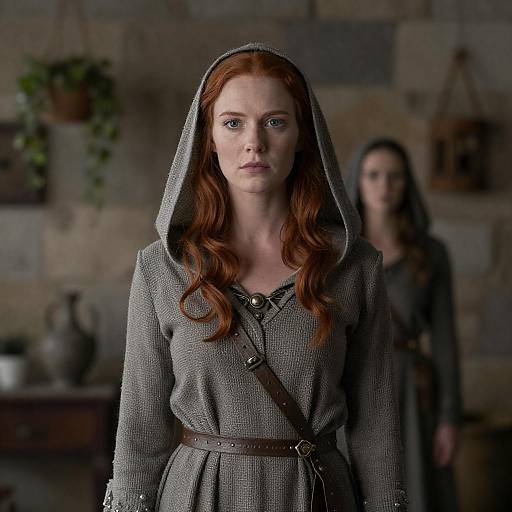 Woman in Gray Hooded Robe in Stone Room