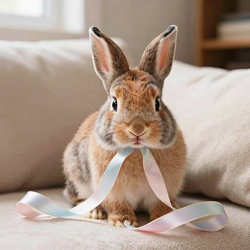 Photograph of a brown and gray bunny with large ears, holding a pastel ribbon in its mouth, sitting on a white couch in a sunlit