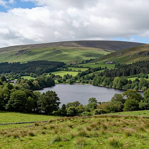 Photograph of a lush, green valley with a serene lake at the center, surrounded by dense trees, and rolling hills under a partly cloudy sky.