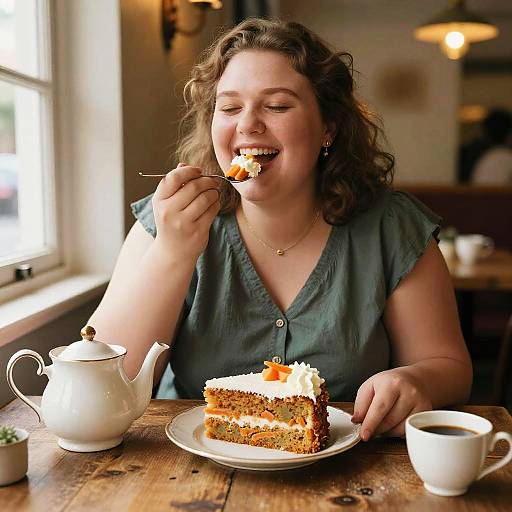 Joyful Woman Enjoying Cake Vintage Cafe