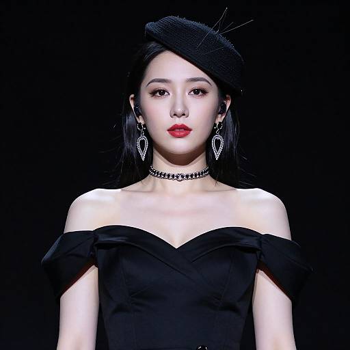 Photograph of an Asian woman with pale skin, black hair, red lipstick, wearing a black off-shoulder dress, choker, and star