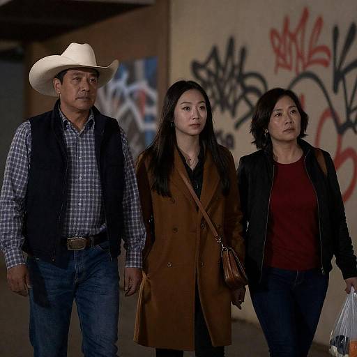 Photograph of a Hispanic man in a cowboy hat, plaid shirt, and vest walking with an Asian woman in a brown coat and a Hispanic woman