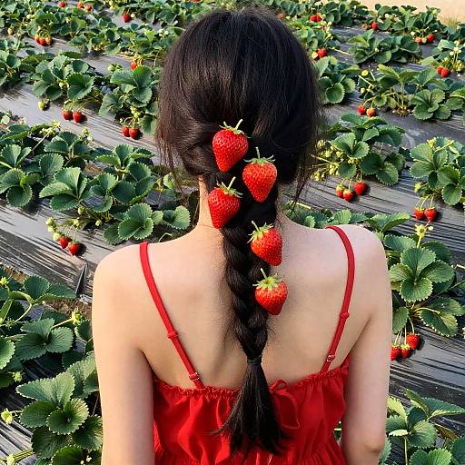 Woman with Strawberries in Hair at Strawberry Field