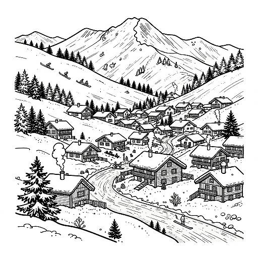 Snowy Alpine Village Coloring Page