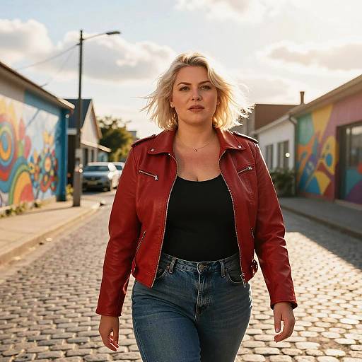 Photograph of a blonde woman with light skin, wearing a red leather jacket, black top, and blue jeans, walking down a cobblestone street