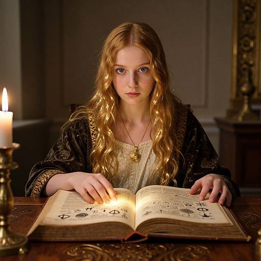 Photograph of a young woman with long, wavy blonde hair, wearing a black embroidered robe, reading an illuminated book by candlelight.
