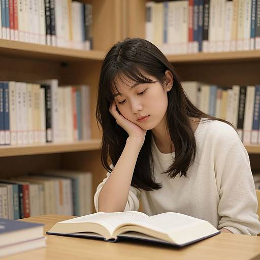 Young Asian woman with straight black hair, wearing a white sweater, reading a book in a library with wooden shelves. She rests her head on her hand