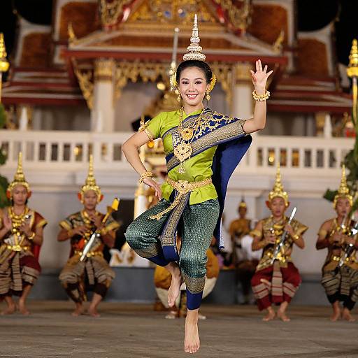 Photograph of a smiling Thai dancer in green and blue traditional costume, gold jewelry, and headdress, mid-dance in front of a ornate
