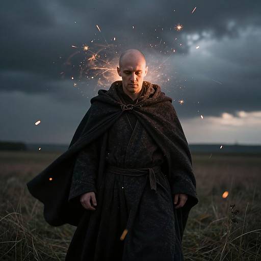 Photograph of a bald, serious-looking man in a dark, textured cloak with sparks surrounding his head, standing in a grassy field under a dramatic