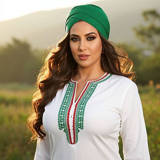 Photograph of a woman with long, wavy black hair, wearing a green headscarf, white embroidered top, and green, red, white