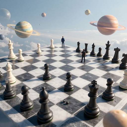 Digital art: Cosmic chessboard with black and white pieces, two human figures, and floating planets under a bright blue sky.