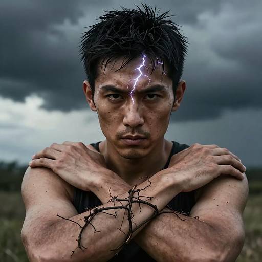 Photograph of a muscular, dirty-faced Asian man with short, wet black hair, crossed arms, lightning bolt on forehead, and thorny branch on