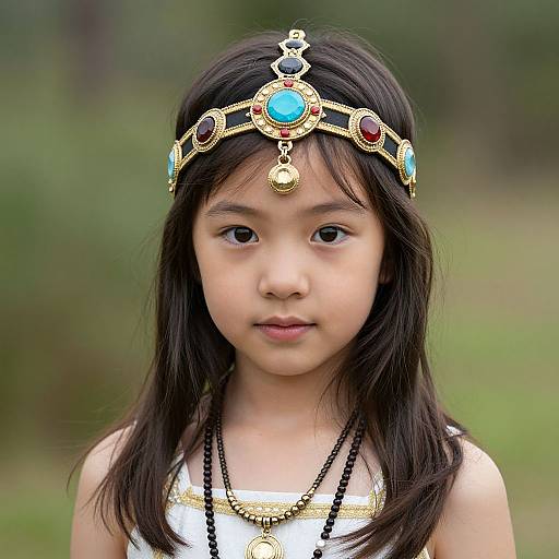 Photograph of an Asian girl with straight black hair, wearing a gold and turquoise jeweled headpiece and a white dress, against a blurred green outdoor