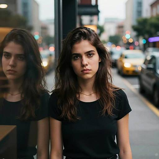 Photograph of a serious young woman with wavy brown hair, wearing a black top, standing on a city street at night, reflected in a window