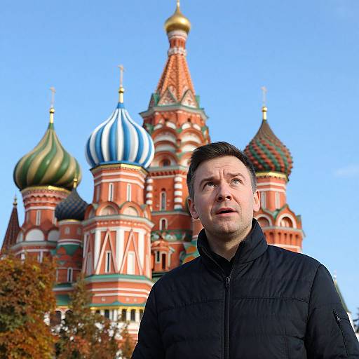 Photograph of a Caucasian man with short brown hair, wearing a black jacket, standing in front of the colorful, red-domed Kremlin towers against a
