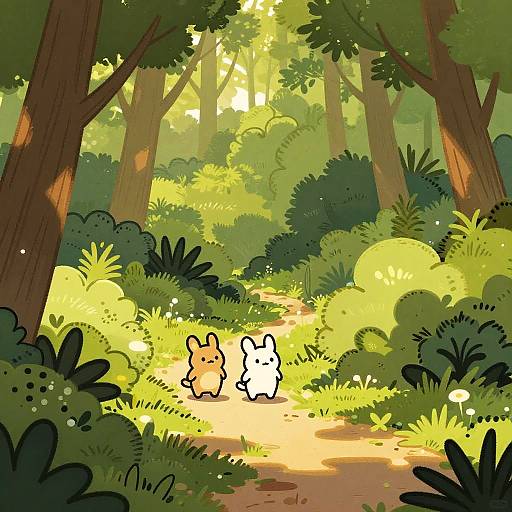 Digital illustration of a sunlit forest path with tall trees and lush greenery. Two cute, outlined bunny figures walk side-by-side, one yellow and