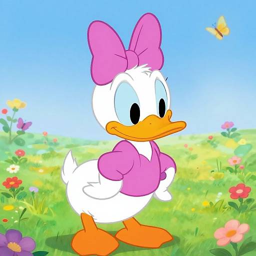 Colorful cartoon duck with pink bow and shirt stands in vibrant flower field, bright blue sky, yellow butterfly flying above.