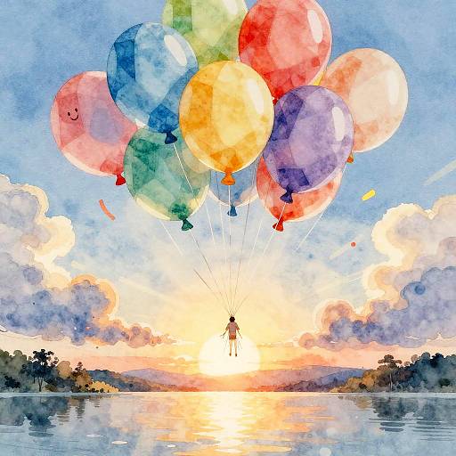 Watercolor painting of a person holding colorful balloons, soaring above a serene lake at sunset, with clouds and trees in the background.