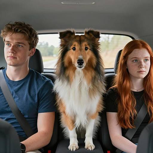 Car Interior Scene with Friends and Dog