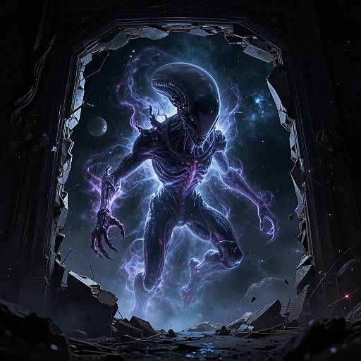 Digital artwork of a glowing, muscular alien creature with a sleek, elongated head and purple energy emitting from its body, emerging through a broken, dark