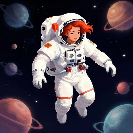 Woman Astronaut Floating Among Planets