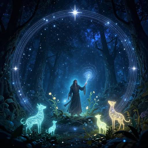 Digital fantasy art: A glowing wizard stands in a dark forest, casting a blue magical aura, surrounded by luminescent animals and a starry circular