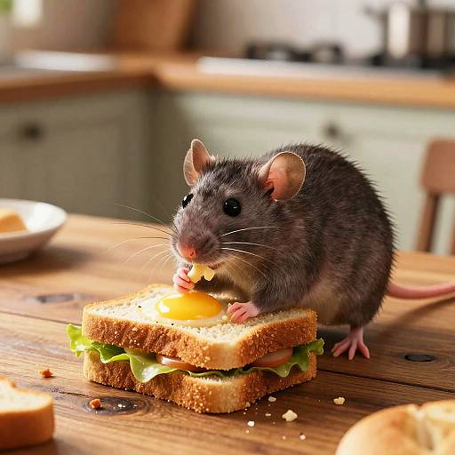 Photograph of a gray rat with black eyes and pink ears, biting into a sandwich with lettuce and cheese on wooden table in a sunlit kitchen.