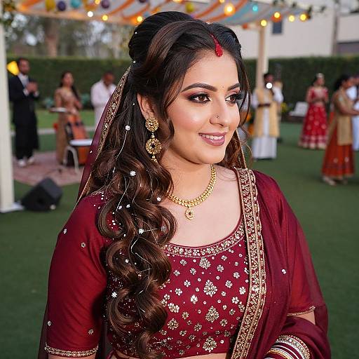 Photograph of a smiling South Asian woman in a maroon traditional lehenga with gold embroidery, long wavy hair, gold jewelry, and a red