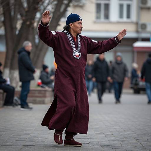 Photograph of a man in a maroon traditional outfit, blue beanie, and maroon shoes, performing a dance with raised arms in a urban