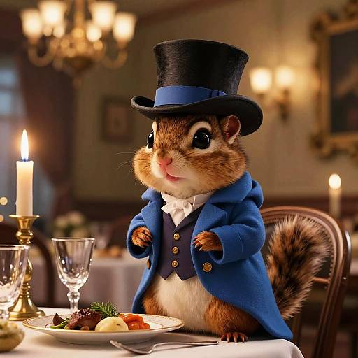 Digital art of an anthropomorphic squirrel in a blue tuxedo and top hat, sitting at a candlelit dinner table.
