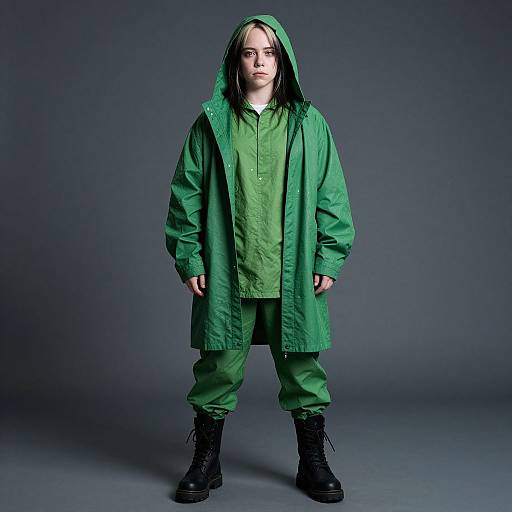Photograph of a young person with pale skin, straight dark hair, wearing a green hooded raincoat, green pants, and black boots, standing