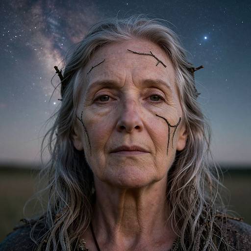 Photograph of an elderly woman with long, gray hair, face marked with black tree branches, against a starry night sky.