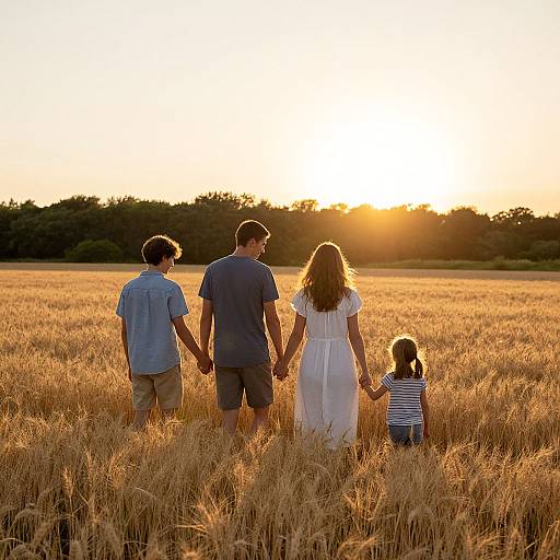Family Walking at Sunset Wheat Field
