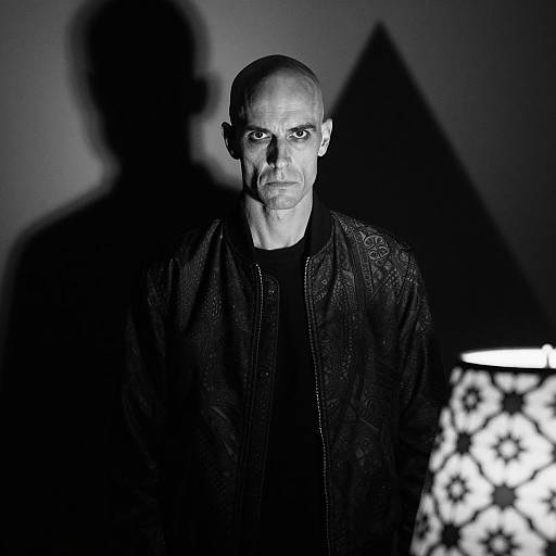 Intense Portrait of Bald Man in Patterned Jacket