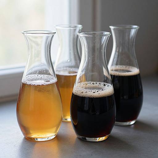 Photograph of four clear glass pitchers with different beverages: two amber, two dark brown with foam, on a gray countertop.