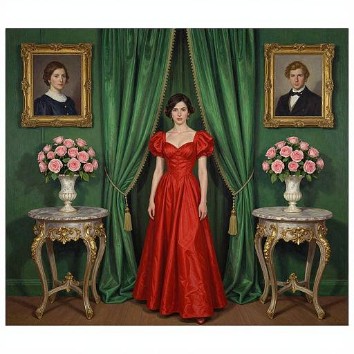 Photograph of a woman in a red, 19th-century style gown, standing between two ornate gold-framed portraits and green curtains, with