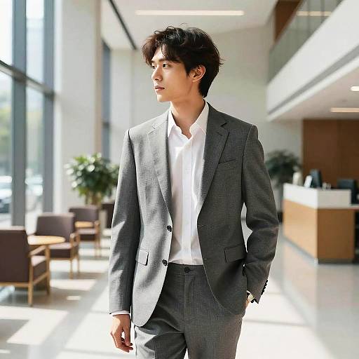 Photograph of an Asian man with messy black hair, wearing a gray suit and white shirt, walking in a brightly lit modern office with large windows.