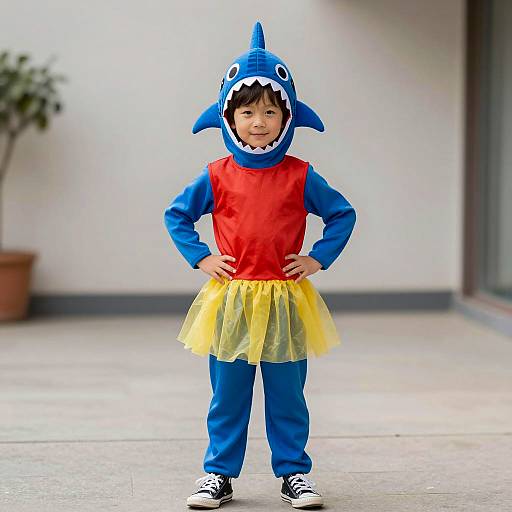 Boy in Blue Shark Hood Costume with Yellow Tutu