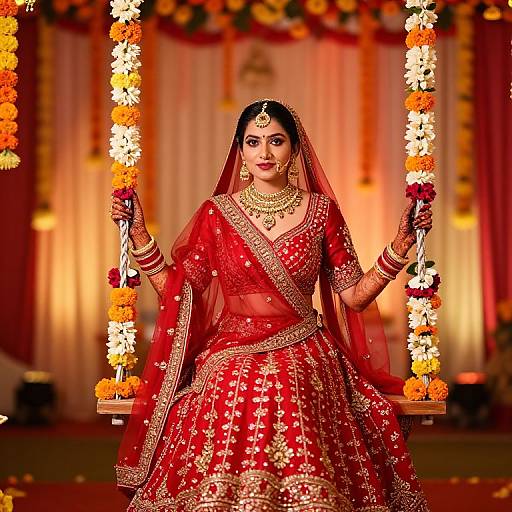 Photograph of a traditional Indian bride in a red, gold-embroidered lehenga, holding flower-adorned swing, adorned with jewelry,