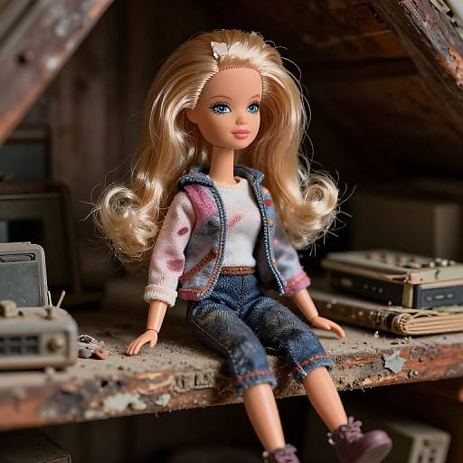 Photograph of a blonde-haired doll with blue eyes, wearing a white top, denim jacket, and jeans, sitting on a rustic, cluttered wooden