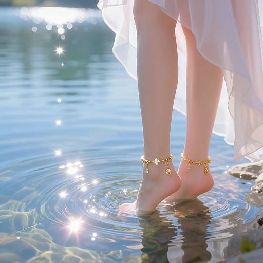 Photograph of delicate feet in gold anklets standing in sparkling blue water, with a white, flowing dress reflected on the surface.