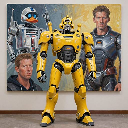 Photograph of a yellow robot with black accents, standing in front of a painting featuring three human characters in sci-fi armor.